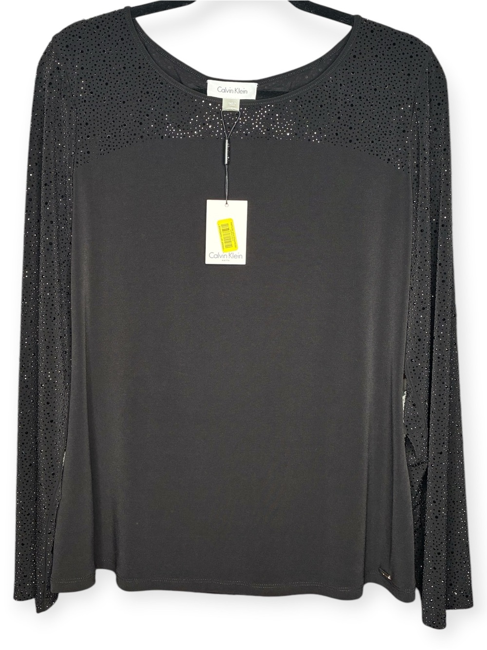 Calvin Klein Black Embellished Rhinestone Studded Long Sleeve Blouse S6NTM19